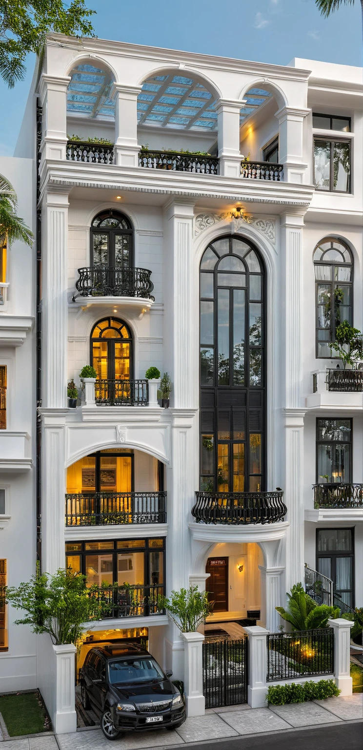 neo classical villa on street, ((sunset)), tropical tree, vivid colour, streetcapes, white tone, (black detail), white wall, large glass door, (((elegan design))), ((warm interior lighting)), best quality, masterpiece, ultra realistic, raw photo,