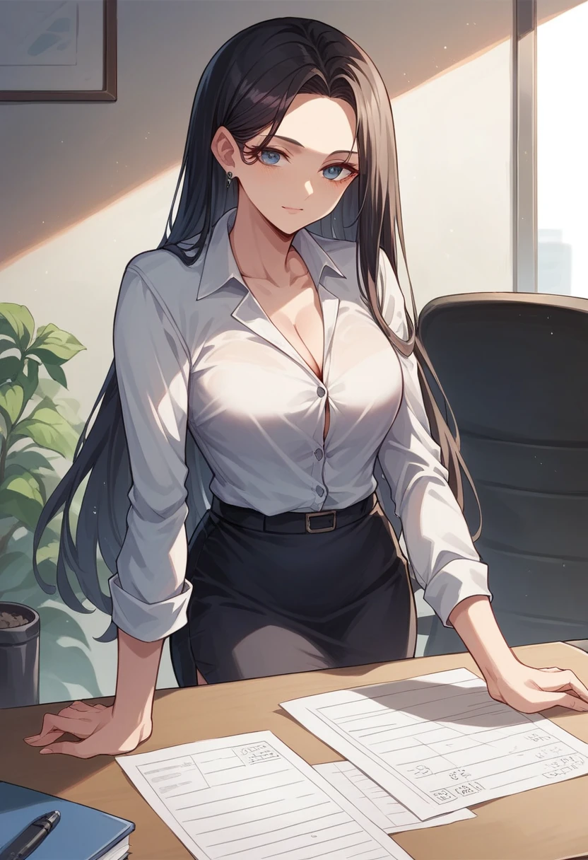 ((1 girl,))japanese,,nsfw,, blown long hair,,glamorous、
,Office Lady,working,in ofice
