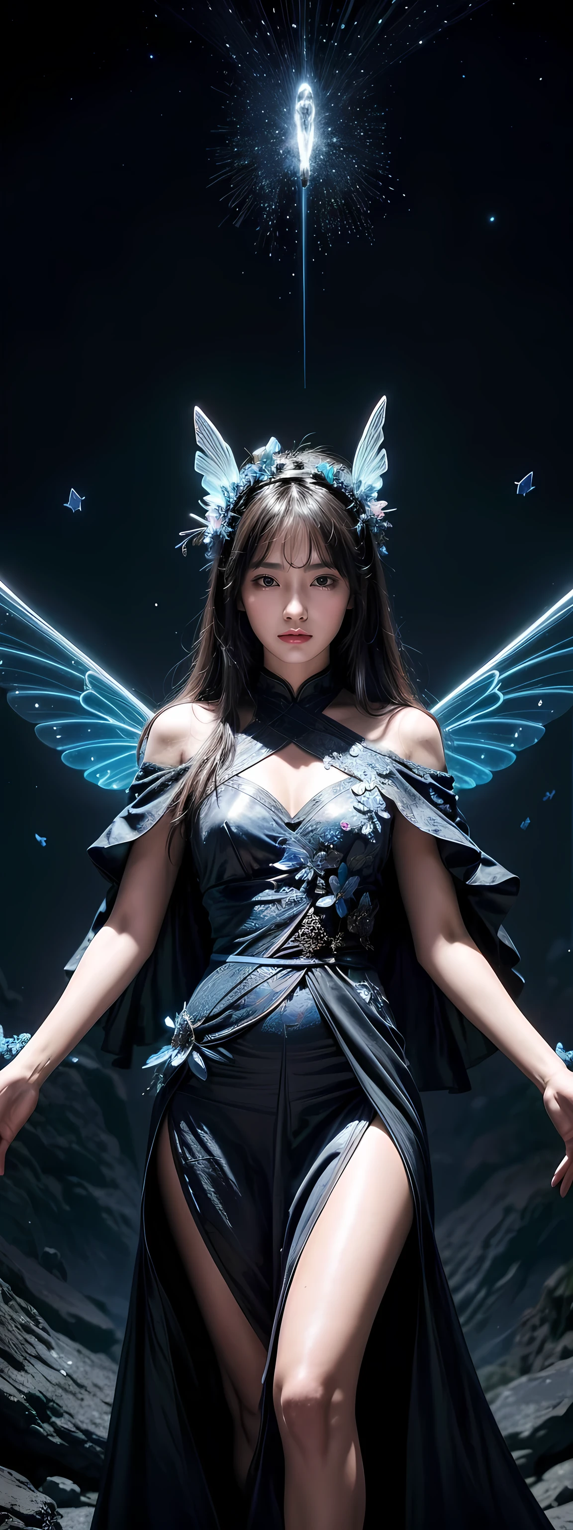 absurd , high resolution, Extremely detailed, (1 Girl:1.3), rest, fantastic dress, Headdress, rest, Mild personality, Dark Man, mind control, Fractal, whole body, 天flower板, Artistic Background, Blue bioluminescence, Geometric, organic, bless, supportive, Sublime, sublimation, noble, Expand, Unravel, anti-gravity, Antimatter, Guardian Angel, Saint, 神Saint, , dignified, Red bioluminescence, flower, Holographic Wings, Magic Circle, Photon, Butterfly, scales, galaxy, Birk,