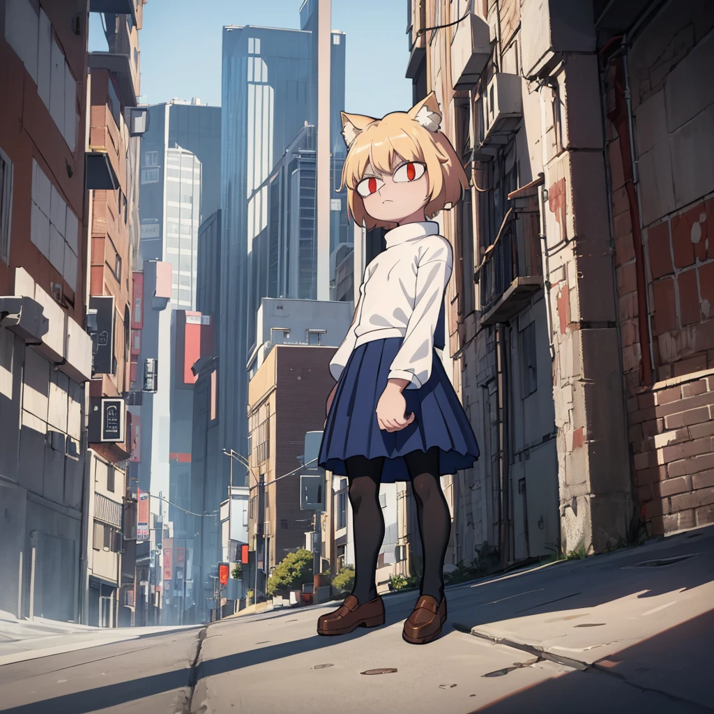 (masterpiece, best quality:1.2), necoarc, slit pupils, cat ears, blonde hair, red eyes, chibi, 1boy, solo, white turtleneck, blue skirt, pleated skirt, brown footwear, pantyhose, outdoors, looking at viewer, highlight thighs, arms crossed