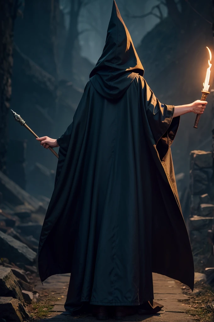 Witch from back and full body, with wizard's cloak, wizard robes, with wooden baton and a diamond tip, movement of the cloak with hood, old wizard command, background white