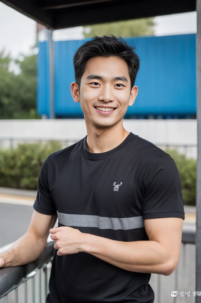 Korean man, Inspiration from Peng Yuyan, 30 years old, 236 years old, Cute Korean Face, 35 yo, 33 year old Korean muscular man,Gym in the background, black t-shirt , open mouth smile