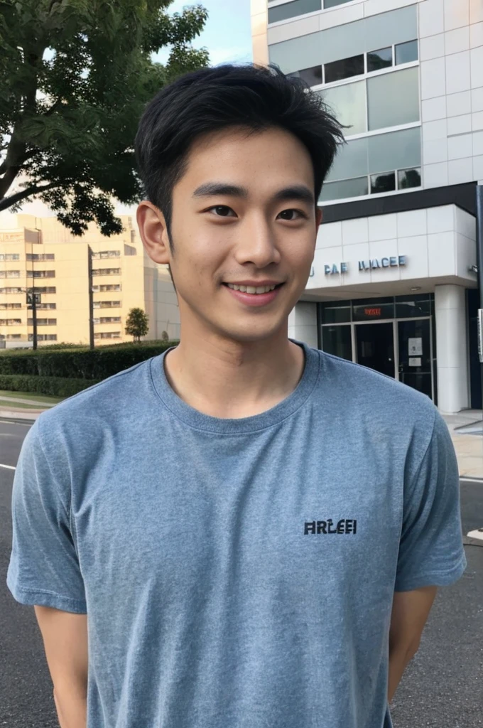 Korean man, Inspiration from Peng Yuyan, 23 years old, Korean muscular man ，The computer room is in the back, tight sports t-shirts, navy blue., open mouth smile