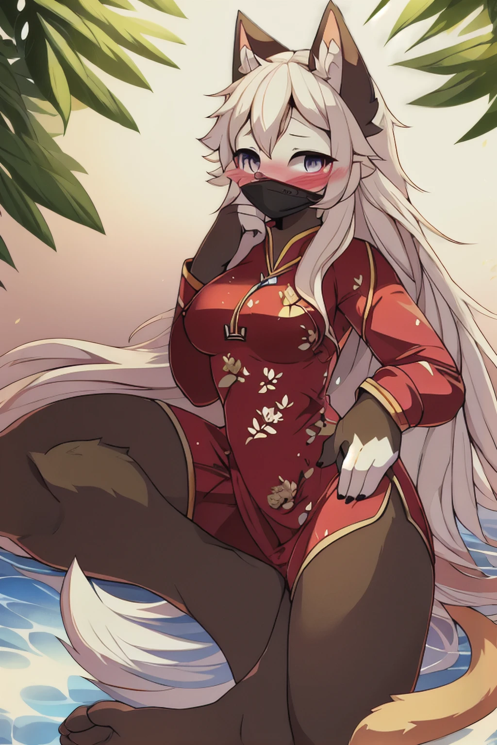 Sunshine, high-resolution, 4K, masterpiece, high-quality, artistic, 19-year-old, (Siamese cat), female, (full body: 1.4, pose: 1.2), cat Furry, (blooming girl: 1.2), furry, (blushing: 1.3, long hair: 1:2), (quiet, gentle), (national beauty and natural fragrance, body size 1:5, slender ears: 1.3, cat tail: 1.3), (wearing cheongsam 1:3, B-mask: 1.4), (black ears: 1.2, black brown face: 1.2, white back: 1.2, brown) Arms: 1.4, white chest: 1.3, white belly: 1.4, heterochromatic pupils: 1.3, brown legs: 1.2, black hands: 1.3, black feet: 1.3), delicate eyes, attention to details, detailed subject, (detailed hands: 1.3)