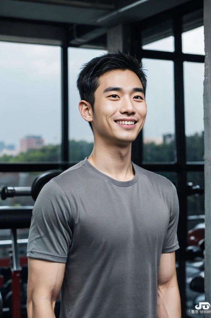 Korean man, Inspiration from Peng Yuyan, 30 years old, 236 years old, Cute Korean Face, 35 yo, 33 year old Korean muscular man,Gym in the background, black t-shirt , open mouth smile