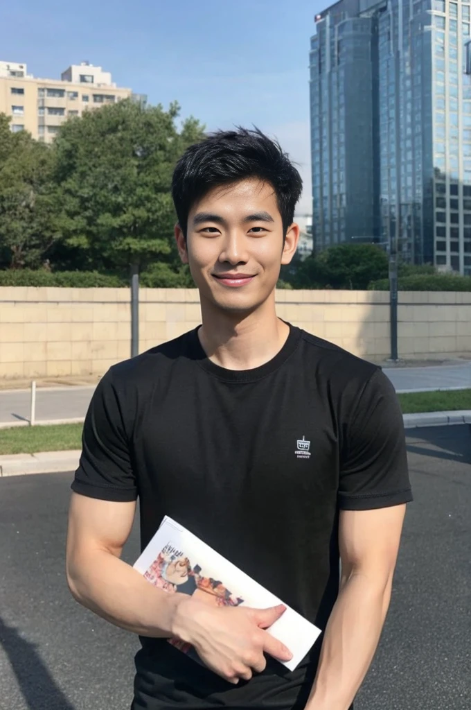 Korean man, Inspiration from Peng Yuyan, 30 years old, 236 years old, Cute Korean Face, 35 yo, 33 year old Korean muscular man，Gym in the background, black t-shirt , open mouth smile