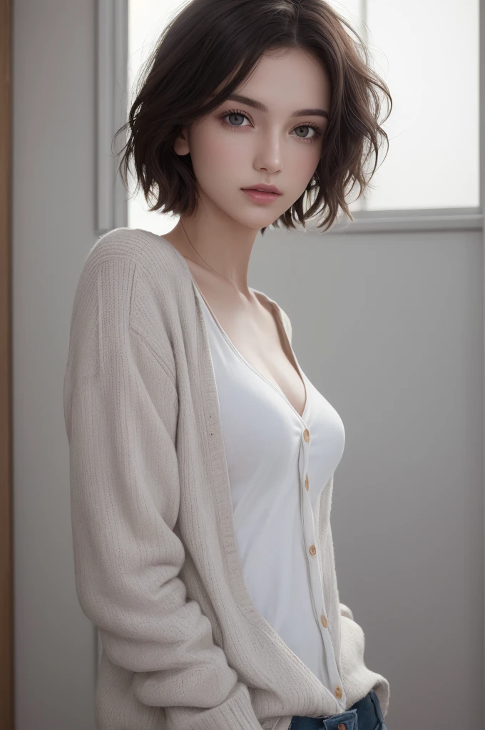 8K Ultra HD、RAWphotograph、モデルphotograph撮影、 European Fashion、(masterpiece、Highest quality、Realistic、High resolution、photograph:1.3)、close、focus on、Hot Model、slim、30 year old mature woman、Small face、No makeup、short hair、Beautiful dark brown Hayne eyes、Genuineスキン、(Perfect body)、Sexy hot face、sexual sight、slim、cardigan、Long sleeve、Button up,Beautiful eyes in every detail、Glossy lips、Small breasts、Small breasts、((Bright light、Dynamic Lighting、Genuine、超Genuine、 realism、Genuineなディテール、Cool Beauty、Cool pose、Background white、Plain white background