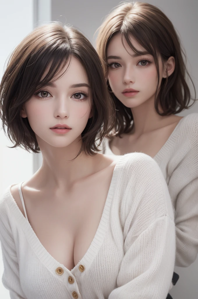 8K Ultra HD、RAWphotograph、モデルphotograph撮影、 European Fashion、(masterpiece、Highest quality、Realistic、High resolution、photograph:1.3)、close、focus on、Hot Model、slim、30 year old mature woman、Small face、No makeup、short hair、Beautiful dark brown Hayne eyes、Genuineスキン、(Perfect body)、Sexy hot face、sexual sight、slim、cardigan、Long sleeve、Button up,Beautiful eyes in every detail、Glossy lips、Small breasts、Small breasts、((Bright light、Dynamic Lighting、Genuine、超Genuine、 realism、Genuineなディテール、Cool Beauty、Cool pose、Background white、Plain white background