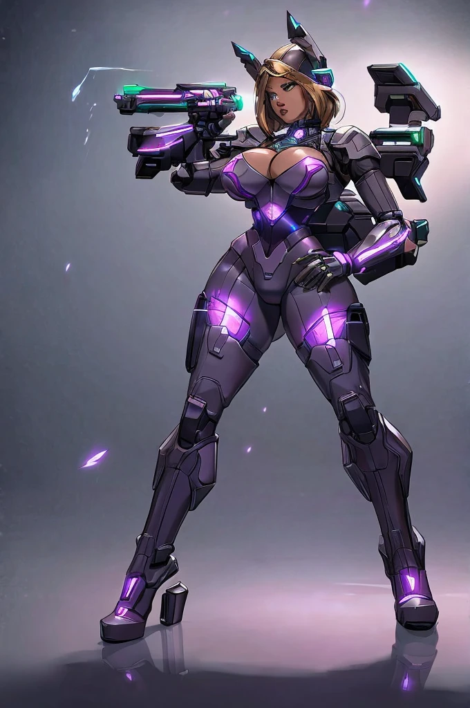 a girl wearing mecha cyber armor,technology bodysuit,smart lines in the costume,cleavage,tech boots,tech gloves,(mechanized valkyrie girl),full body,high heels,intricate details,hyper realistic,8k,award winning,cinematic lighting,dynamic pose,dramatic colors,complex patterns,futuristic,cyberpunk,chiaroscuro lighting,highly detailed,photorealistic,unreal engine,volumetric fog,advanced rendering, technology pistol in hands shining.