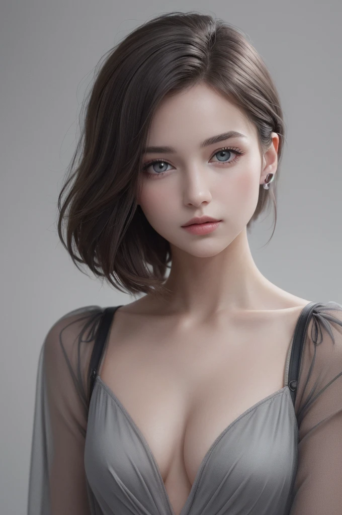 8K Ultra HD、RAWphotograph、モデルphotograph撮影、 European Fashion、(masterpiece、Highest quality、Realistic、High resolution、photograph:1.3)、close、focus on、Hot Model、slim、30 year old mature woman、Small face、No makeup、short hair、Beautiful dark brown Hayne eyes、Genuineスキン、(Perfect body)、Sexy hot face、sexual sight、slim、dress、Long sleeve、Beautiful eyes in every detail、Glossy lips、Small breasts、Small breasts、((Bright light、Dynamic Lighting、Genuine、超Genuine、 realism、Genuineなディテール、Cool Beauty、Cool pose、Background gray、Plain gray background