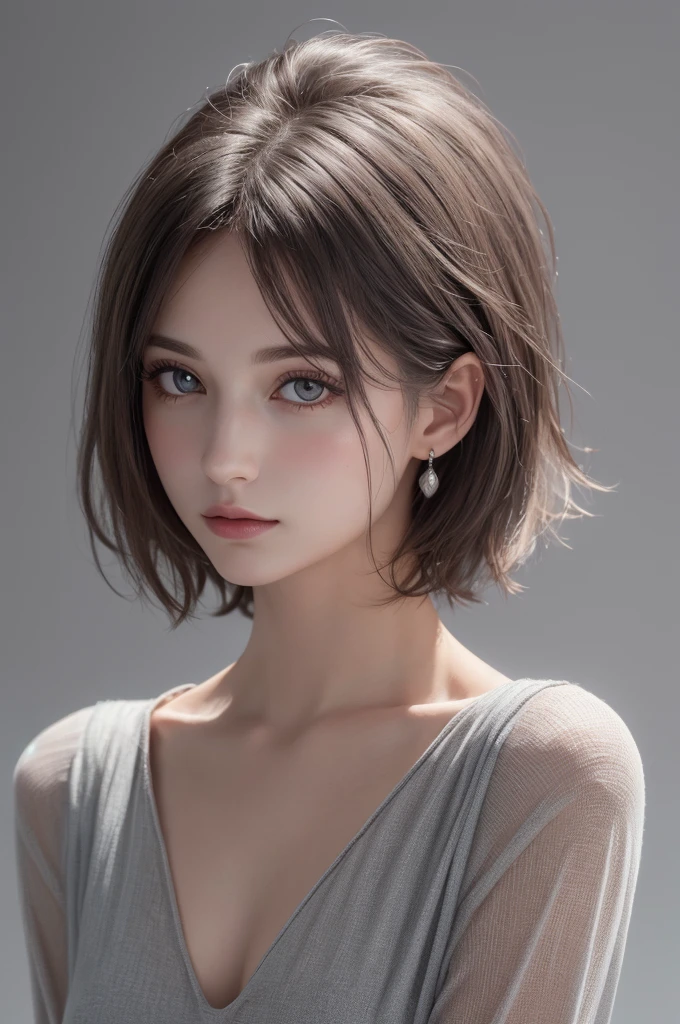 8K Ultra HD、RAWphotograph、モデルphotograph撮影、 European Fashion、(masterpiece、Highest quality、Realistic、High resolution、photograph:1.3)、close、focus on、Hot Model、slim、30 year old mature woman、Small face、No makeup、short hair、Beautiful dark brown Hayne eyes、Genuineスキン、(Perfect body)、Sexy hot face、sexual sight、slim、dress、Long sleeve、Beautiful eyes in every detail、Glossy lips、Small breasts、Small breasts、((Bright light、Dynamic Lighting、Genuine、超Genuine、 realism、Genuineなディテール、Cool Beauty、Cool pose、Background gray、Plain gray background