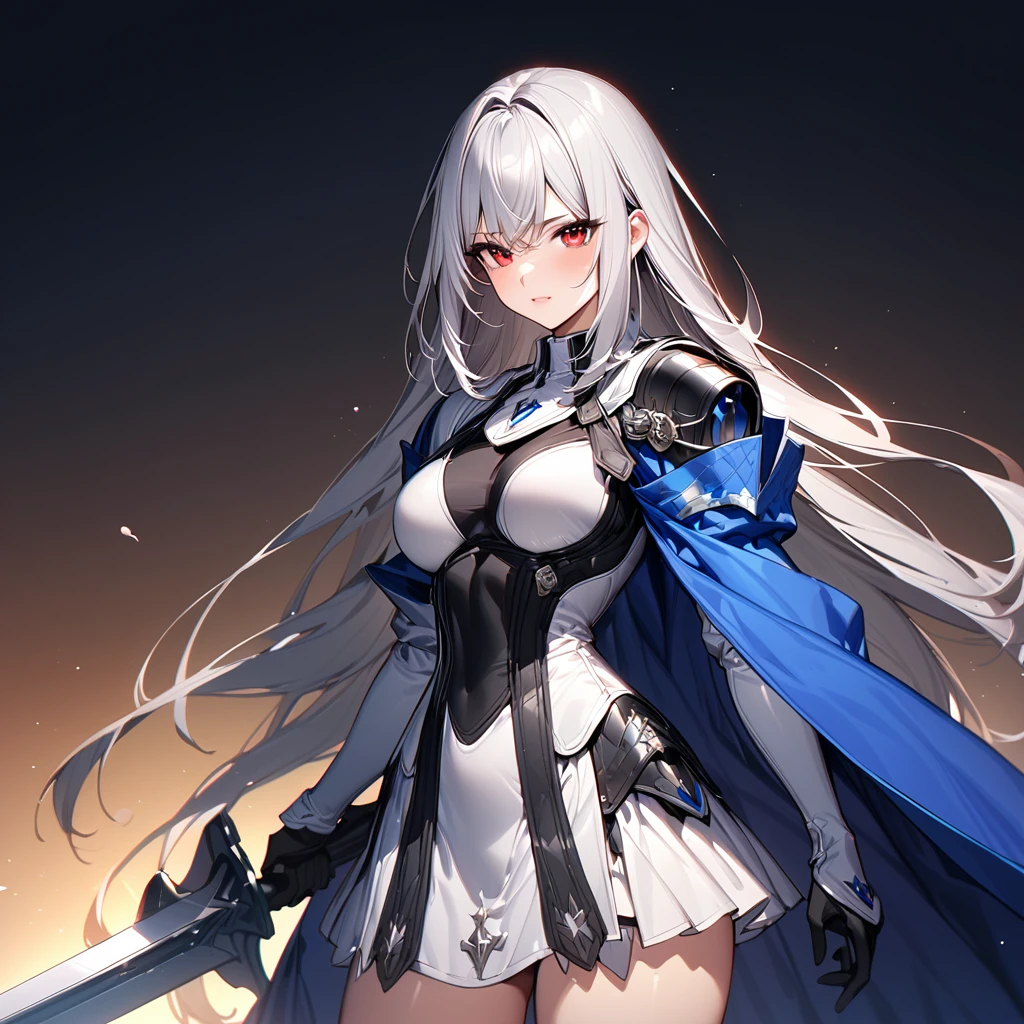 (masterpiece),(Highest quality),(Super detailed),(Best illustrations),(so beautiful), so beautiful長い脚,Silver Hair, Red eyes, Very long hair, positive（Female Wizard、White dress、Blue Cape、Roll-up skirt、The upper body is armored,  holding weapon, huge sword,