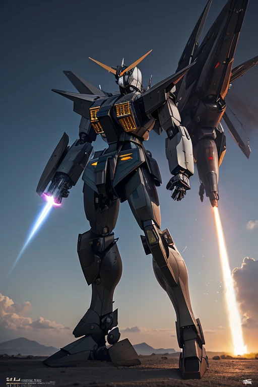 Surrealism, Ray Tracing, Realistic, 超High resolution, High detail, 32k, Highest quality, Textured skin, Gundam Mecha, Flight, funnel, Mecha Ship, masterpiece, Highest quality, Mecha, unmanned, (whole body), (Black Mecha: 1.8), (axial symmetry: 1.4), (High resolution), (Movie Light: 1.1), White eyes, nice, sf, fire, universe, Oversized shield, 地球の背景を見下ろすMechaマン, With the beam of a laser cannon, war, Conflict, Weapons in hand (Has a huge weapon: 1.5),