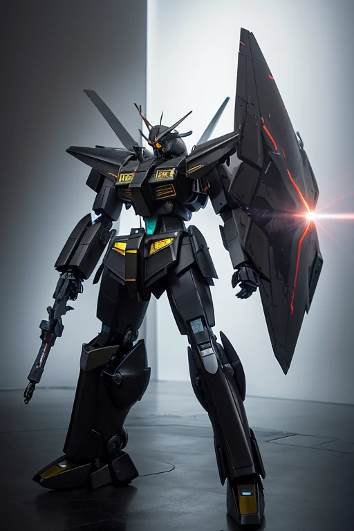 Surrealism, Ray Tracing, Realistic, 超High resolution, High detail, 32k, Highest quality, Textured skin, Gundam Mecha, Flight, funnel, Mecha Ship, masterpiece, Highest quality, Mecha, unmanned, (whole body), (Black Mecha: 1.8), (axial symmetry: 1.4), (High resolution), (Movie Light: 1.1), White eyes, nice, sf, fire, universe, Oversized shield, 地球の背景を見下ろすMechaマン, With the beam of a laser cannon, war, Conflict, Weapons in hand (Has a huge weapon: 1.5),