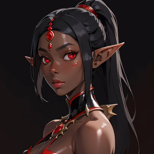 (masterpiece), (best quality),(portrait),(bust up),1girl,solo,(sharp focus),(look at viewer),gloosy skin,elf, black skin,black hair,(elf lady) ,red eyes, (ancient:1),ancient luxurious long clothes,old school fantasy art,((simple background)),super shiny face,Ultra Glossy Skin