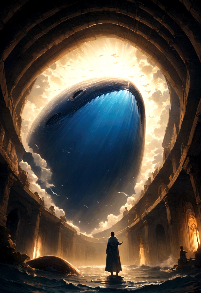 realistic representation of the inside of the whale, from the biblical story of Jonah, as described in the scriptures, being illuminated by the whale's puff of air