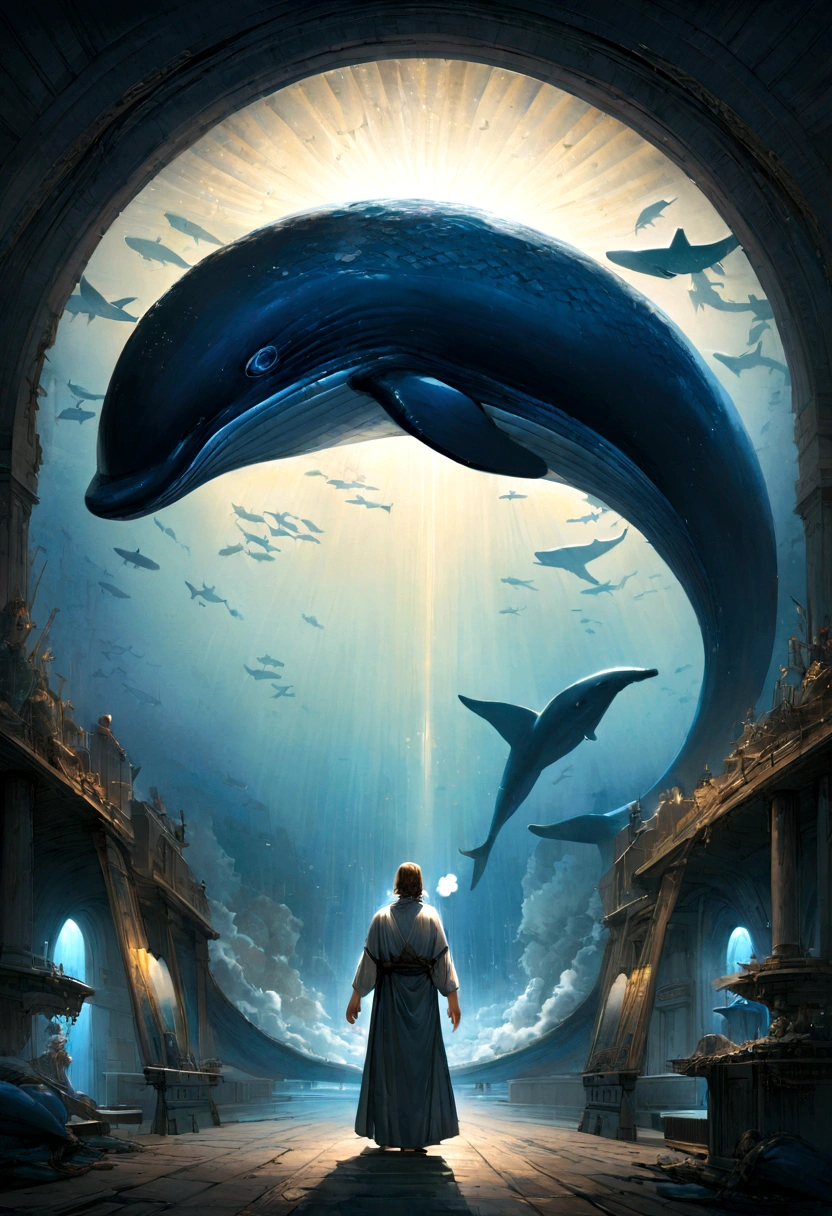 realistic representation of the inside of the whale, from the biblical story of Jonah, as described in the scriptures, being illuminated by the whale's puff of air