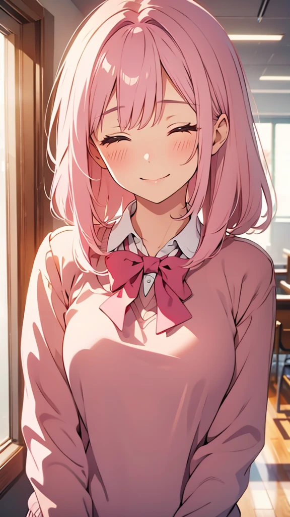 8k,(High quality:1.4),(best quality:1.4),(masterpiece:1.4),(busty breasts:1.2),(beautiful face:1.3),(beautiful woman:1.3),(pale pink hair:1.4),medium hair,a mole around the mouth,(enjoy:1.6),(closed eyes:1),(burst into laughter:1.4), (squinting:1.2)(school uniform:1.1),(beige sweater:1.2),(close-up:1.2),a bow tie