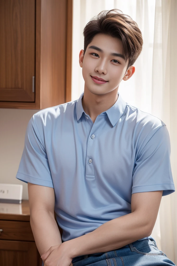 male handsome 20-year-old handsome shirt guy,looking to the camera,frontage,high qulity,tmasterpiece,8K.4K,1080P,Light-sensitive, ยิ้ม, ,มุมกว้าง