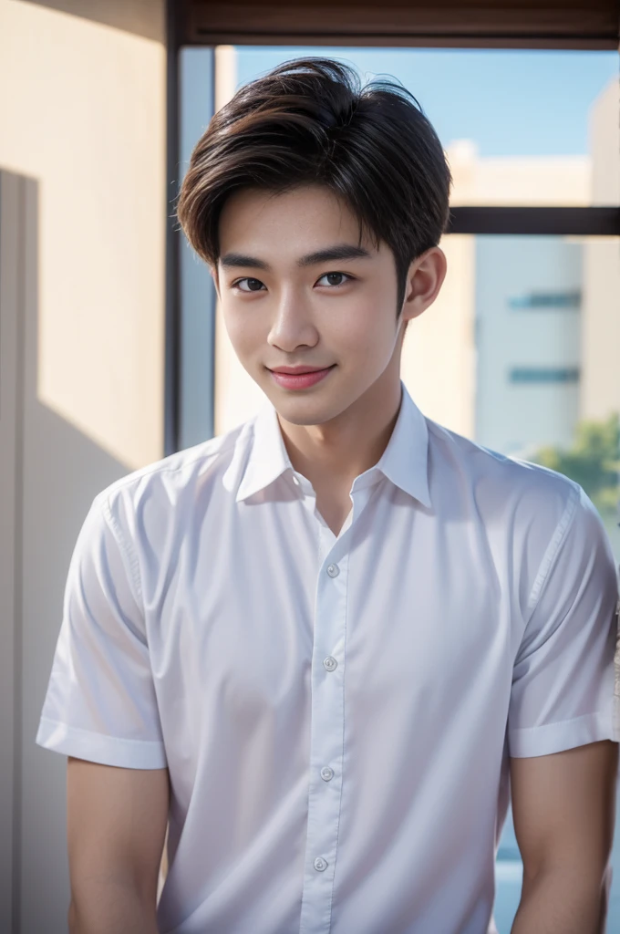male handsome 20-year-old handsome shirt guy,looking to the camera,frontage,high qulity,tmasterpiece,8K.4K,1080P,Light-sensitive, ยิ้ม, ,มุมกว้าง