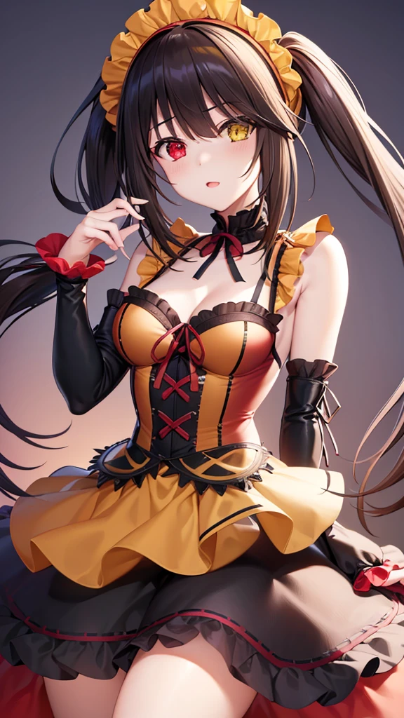 8k,Ultra-detailed game CG, (High resolution:1.1),(Absurd:1.1), highest quality, 超High resolution, 最High resolution, Very detailed, One Girl, KurumiBase, (Clock Eye), Heterochromia iridis, (Red eyes:1.2), (Yellow Eyes:1.5), (((Long twin tails))), hair band, Red dress, Frills, Removable sleeves, Frillsチョーク, View Viewer, alone, Pretending to be embarrassed, Upload to TikTok