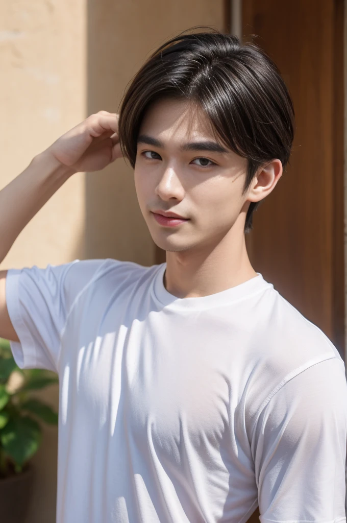 male handsome 20-year-old handsome shirt guy,looking to the camera,frontage,high qulity,tmasterpiece,8K.4K,1080P,Light-sensitive, ยิ้ม, ,มุมกว้าง