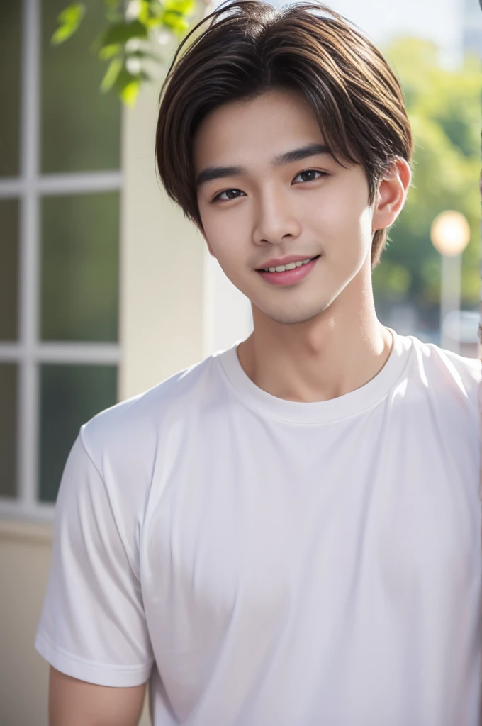 male handsome 20-year-old handsome shirt guy,looking to the camera,frontage,high qulity,tmasterpiece,8K.4K,1080P,Light-sensitive, ยิ้ม, ,มุมกว้าง
