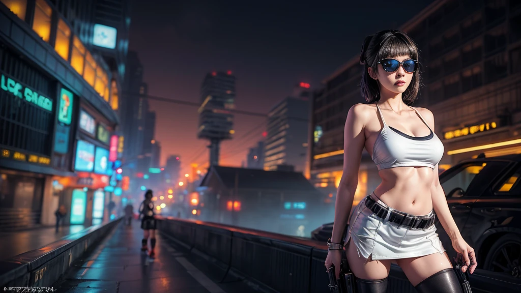 8k, Realistic Skin Texture, Realistic Photo, Neo Tokyo, slim Japanese women, large-breast:1.3 cleavage:1.2, AD2050 at night, Dirty hunting jacket, Wearing tube top, miniskirt, (((black sunglasses, automatic rifle, sneakers, cold, shooting pose, low angle view))), Innovative composition, revenge, cyberpunk, blade runner worldview, Large neon sign, Geisha hologram sign, Strong Wakamoto Sign.