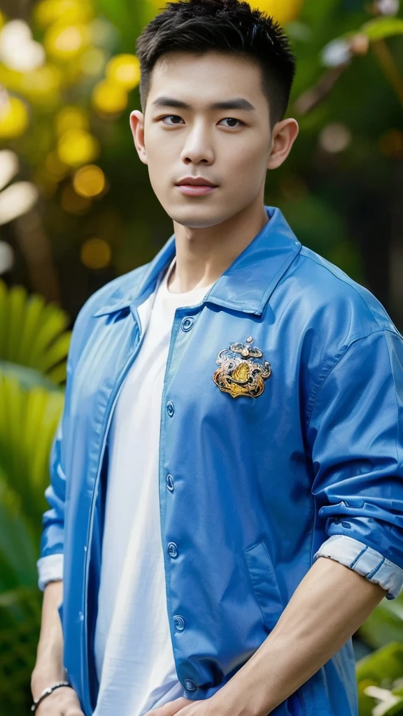 ((Highest quality, 8K, Masterpiece:1.3)),Thailand Laos Burma Asia,Thai man buzz haircut,A handsome Asian sport  short hair,a muscular beard,and big muscles.,１A man who has,yo,Good appearance,Beautiful nose,Detailed eyes and face,beautiful light,(studio),high resolution,(Look at the viewer.),Fine mouth,whole body:1.5,perfect shape:1.3,Picture of both shoulders:1.3,(t-shirt:1.2),black cargo pants,wristband,landscape,(The background is  Bokeh:1.2),on the sea,(open_jacket:1.4),