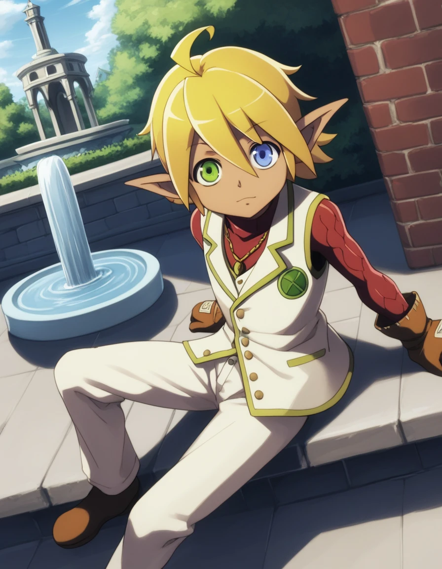 punctuation_9, punctuation_8_High above, punctuation_7_High above, fountain_アニメ, aurabellafiora, beautiful aura flower, shorth hair, blue colored eyes, hair blonde, hair between the eyes, greeneyes, ahoge, pointy ears, darkskin, heterochromia, Leprechaun, dark Leprechaun, mitts, jewerly, necklase, vest, white vest, pants, white pants, plein-air, natta, natta sky, forst, naturey, gazing at viewer, cowboy shot, dutch angle,