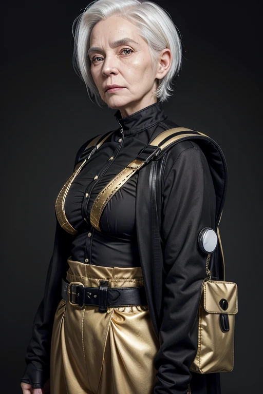 old woman with white hair and wrinkles, wearing black and white superhero uniform, large gold utility belt, and golden backpack on his back.