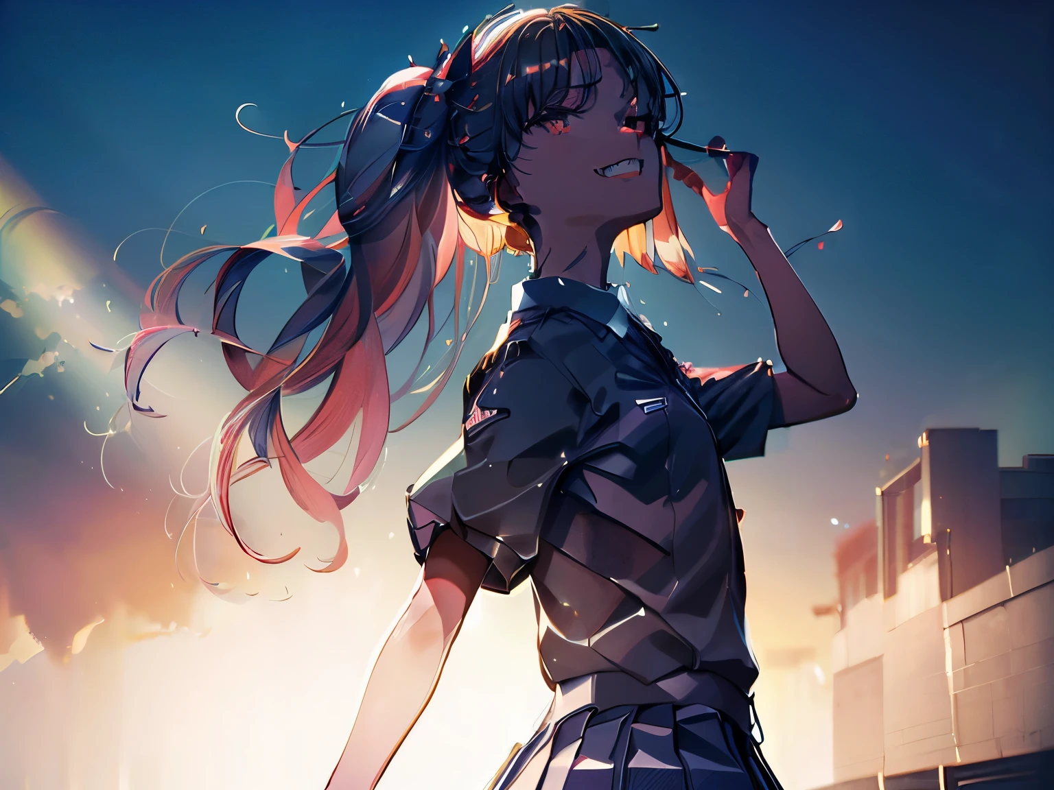 Kuroko Shirai, (Tokiwadai Uniforms:1.5), Twin tails, Arms up, (masterpiece, Absurd quality, Highest quality, Official Art, beautifully、aesthetic:1.2), 16K, Very detailed, Most detailed, Sharp focus,), By famous artists, (Conversion Sequence), (difficult:1.8), (Simple blank background:2.0), Minimalism, sketch, (cowboy shot:1.5), (double exposure:1.5), kaleidoscopic, sketch, (floating hair:1.5), from below, (evil smile:1.5), Minimalism, (Silhouette:1.5), from front, (crazy smile:1.5),