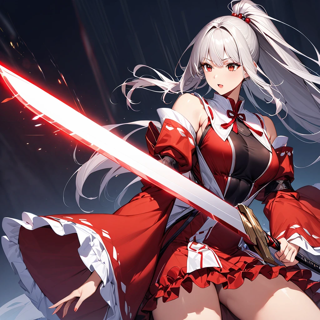 (masterpiece),(Highest quality),(Super detailed),(Best illustrations),(so beautiful), so beautiful長い脚,  Silver Hair, Red eyes, Very long hair, High Ponytail, Removable sleeves, skirt, Frills, red skirt, Wide sleeves, Red Shirt, frilled skirt,Sleeves edged with ribbon, Frillsシャツの襟, Bare shoulders, skirt,Non-traditional Shrine Maiden, holding weapon, huge_sword, duel, 