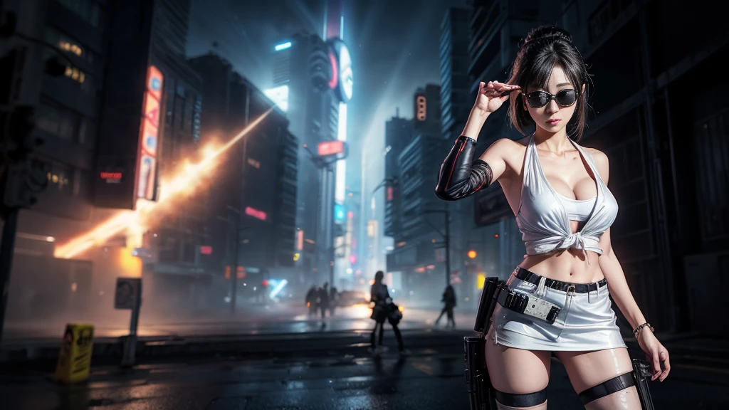 8k, Realistic Skin Texture, Realistic Photo, Neo Tokyo, slim Japanese women, large-breast:1.3 cleavage:1.2, AD2050 at night, Dirty hunting jacket, Wearing tube top, miniskirt, (((black sunglasses, automatic rifle, sneakers, cold, shooting pose, low angle view))), Innovative composition, revenge, cyberpunk, blade runner worldview, Large neon sign, Geisha hologram sign, Strong Wakamoto Sign.