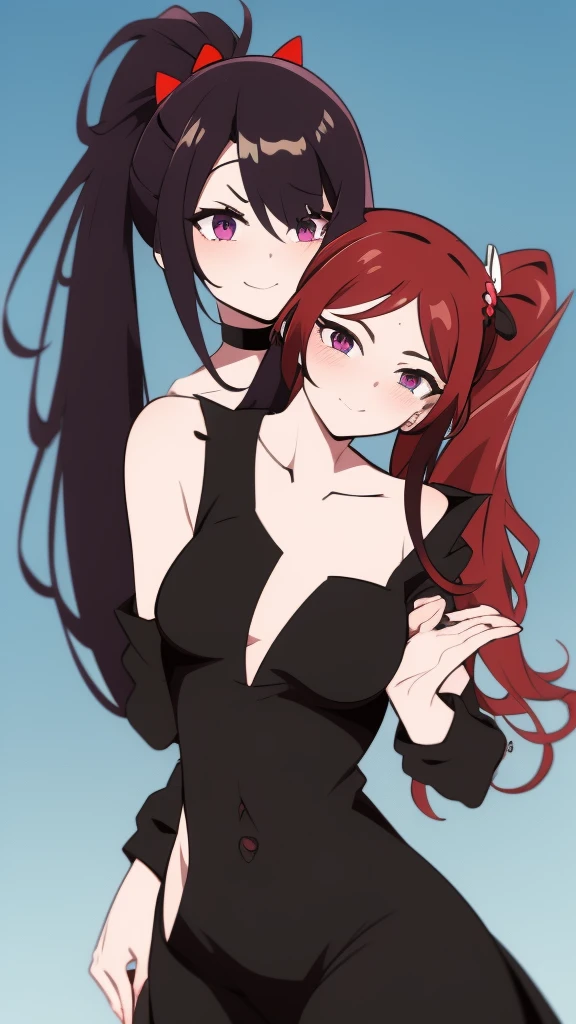 high tail hairstyle, Ponytail hairstyle, Long wavy black hair, standing posing, anime girl style, pixel art anime style,penetrating look with deep eyes,red and purple eyes, hair with a ponytail hairstyle trapped with a big red bun, Women, red hair clips, x color shaped hair clips , smiling face blush,