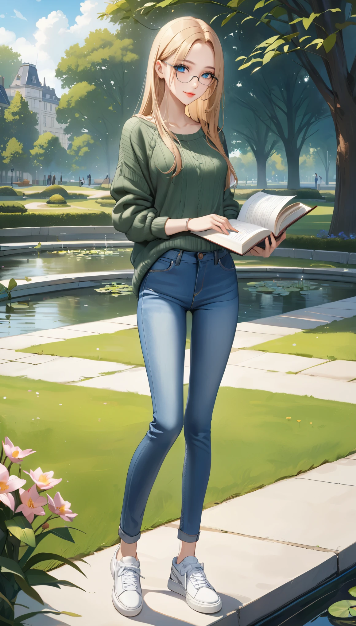 ((best quality, masterpiece:1.3, 8K)), (detailed), highly detailed face and skin texture, detailed eyes, standing, (seductive pose:1.1), park, pond, full body, (slender body:1.1), 1girl, 25 years old, white skin, blue eyes, reading glasses, bright lips, seductive smile, blonde hair, straight hair, long hair, (forehead:1.0), green sweater, jeans pants, skinny jeans, blue jeans, white sneakers,