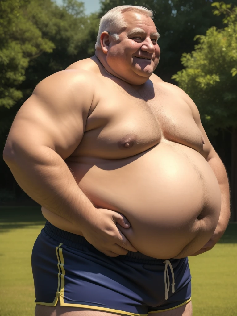 a smiling obese old man, grandpa, topless, shorts, chubby, big fat, detailed realistic portrait, 8k high resolution, sumo physique, side view, perfect center, full view, realistic skin texture, wrinkled face, short hair, jovial expression, huge belly:1.2, fat, wearing shorts, high detail, masterpiece, (best quality,4k,8k,highres,masterpiece:1.2),ultra-detailed