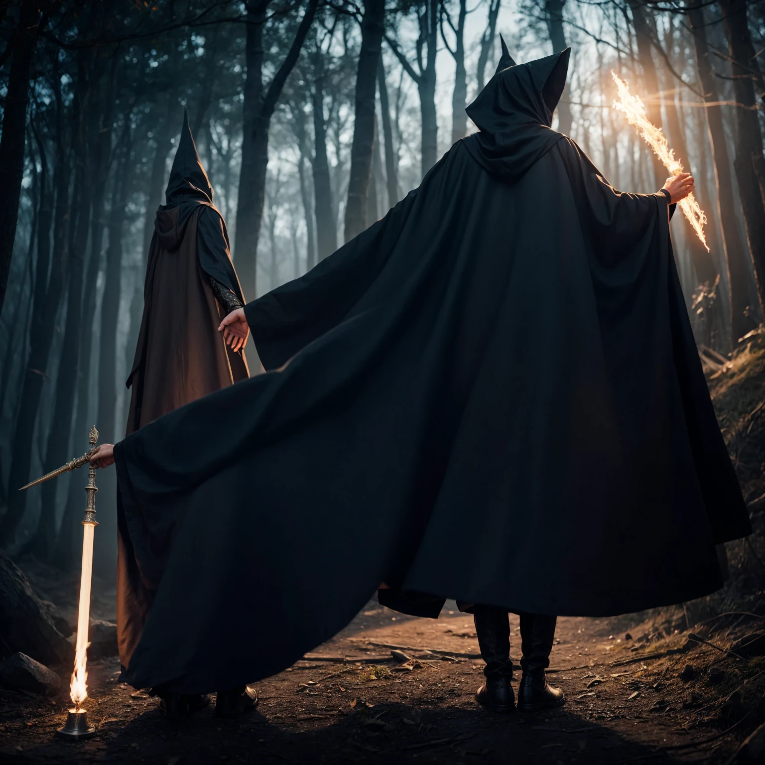 Witch from back and full body, with wizard's, wizard robes, with wooden baton and a diamond tip, movement of the cloak with hood, old wizard command, background white