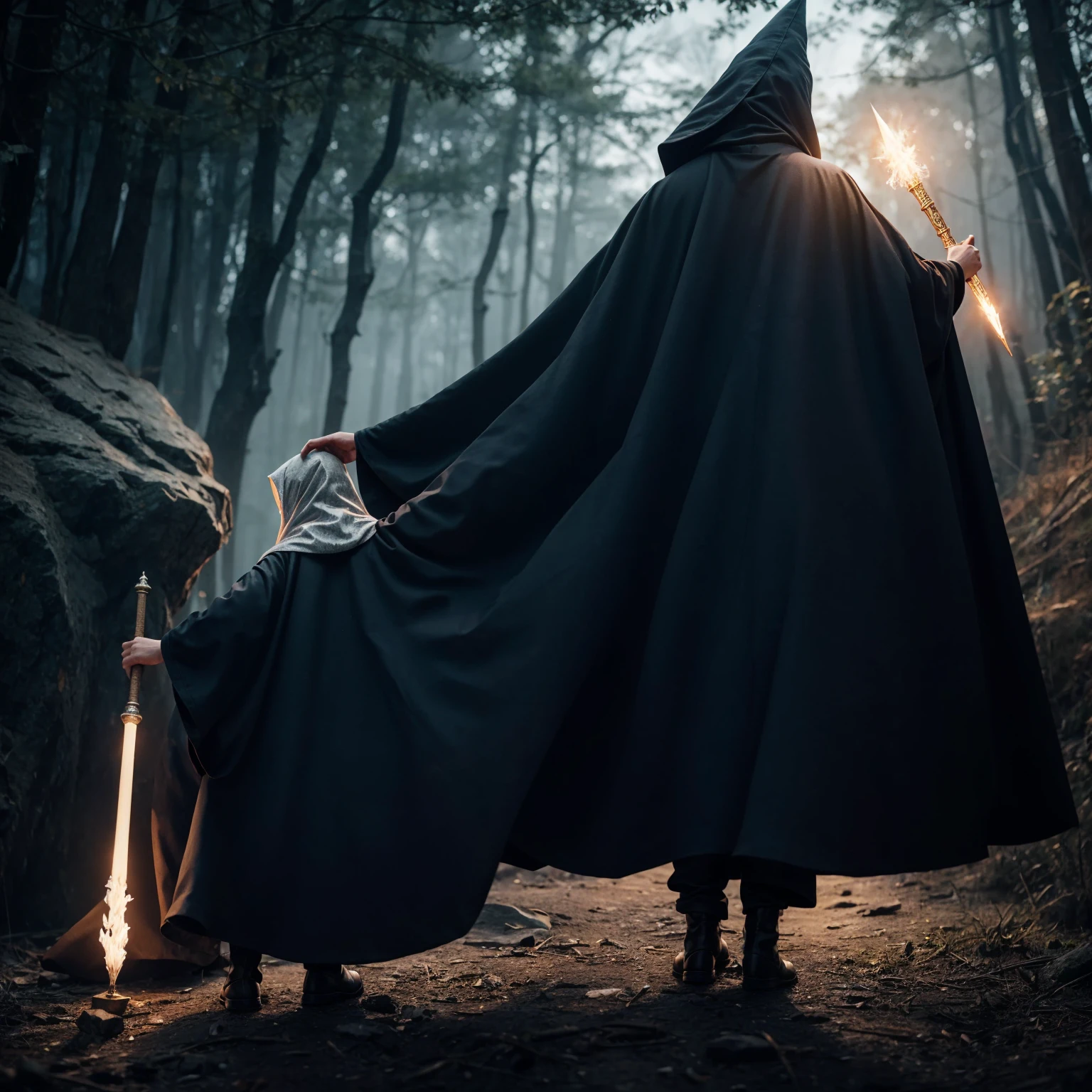 Witch from back and full body, with wizard's, wizard robes, with wooden baton and a diamond tip, movement of the cloak with hood, old wizard command, background white