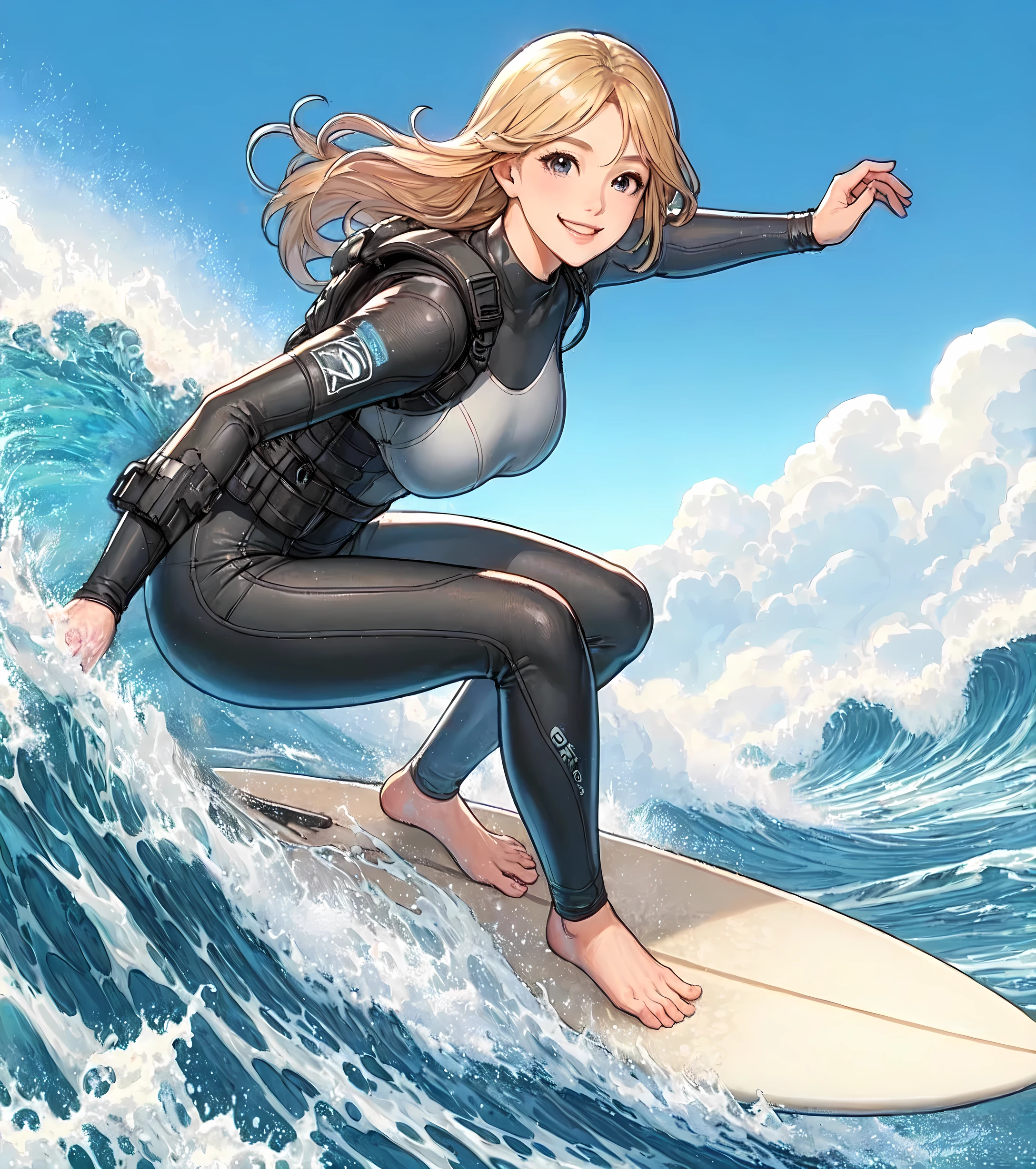 1lady solo, standing on surfboard, (squatting:0.8) balancing, (dynamic posing), (stylish wetsuit) surfer, (mature female:0.8), /(blond hair/) bangs, light smile, (teeth:0.8), (masterpiece best quality:1.2) delicate illustration ultra-detailed, large breasts BREAK (sea surface) outdoors, (big waves:1.1), splash, blue sky, detailed background