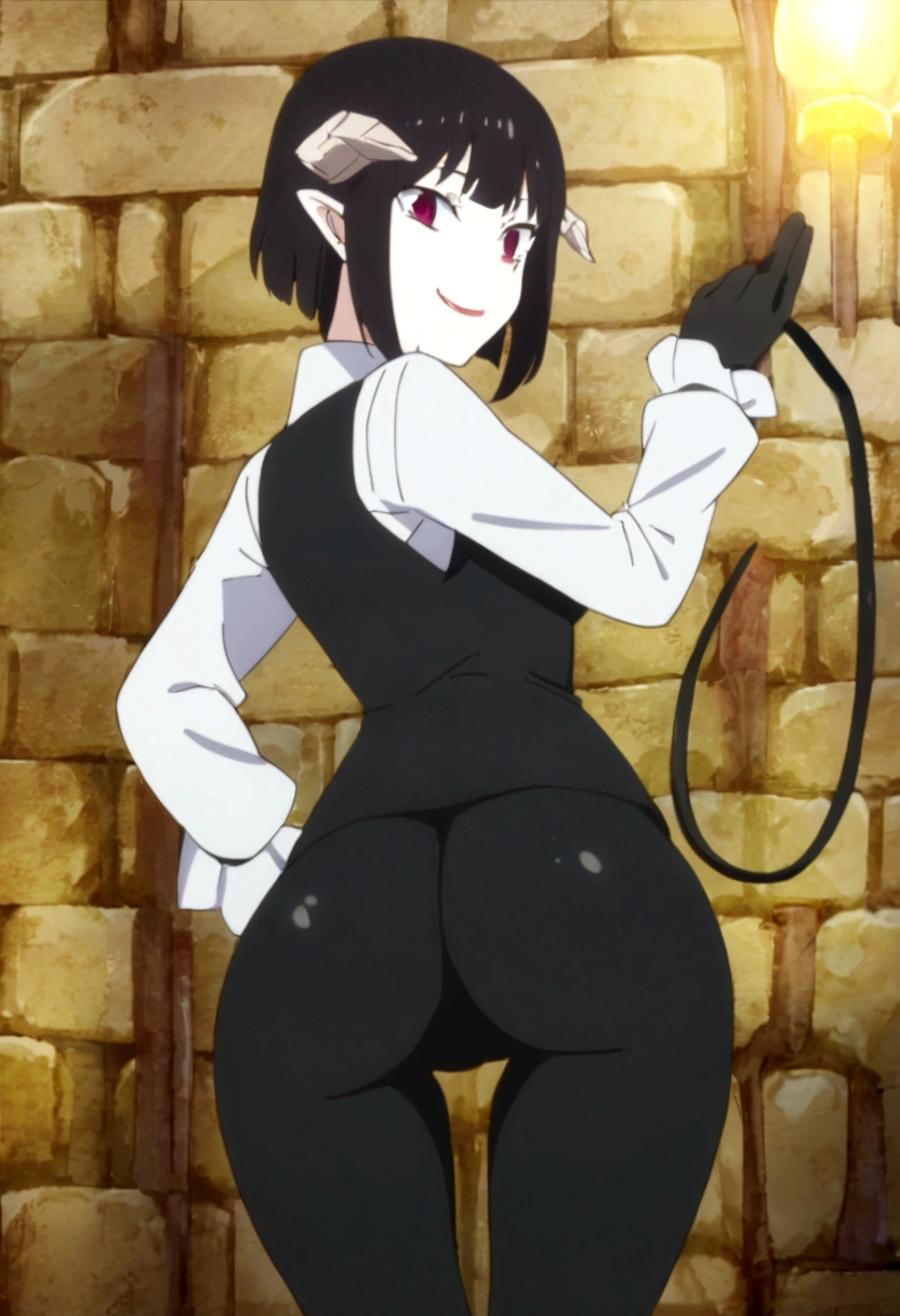 torture tortura,1girl horns short hair demon tail, white shirt black ascot black gloves black pants black vest ,shining eyes,looking back,ssmile,beautiful ass,slender