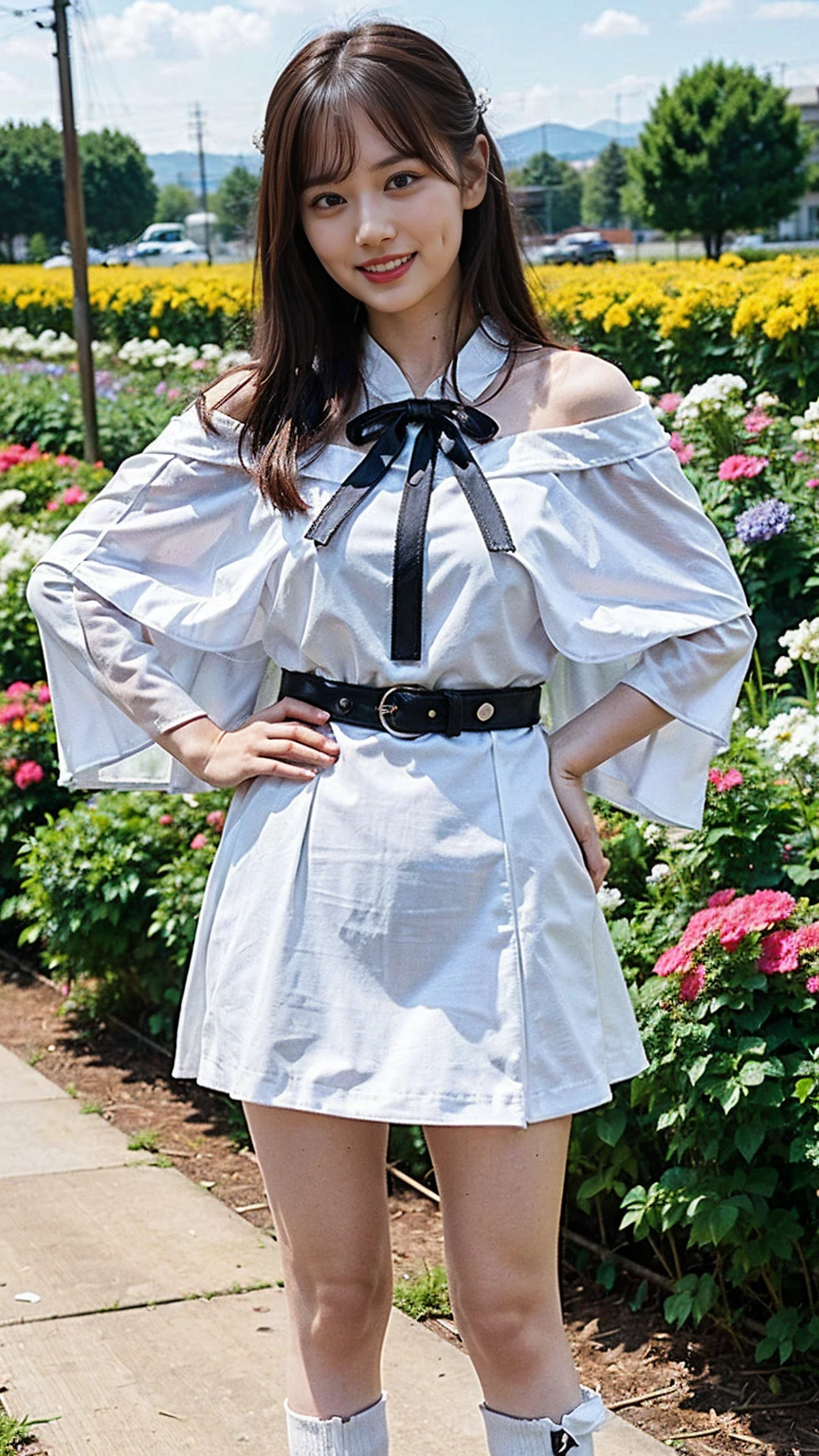 (8K、RAW Photos、Highest quality、masterpiece:1.2)、(Realistic、Realistic)、1 Girl、((mini skirt、white、Thin legs、whole body、boots、Clothes with ribbons、Cape、Anime Costumes、Chest ribbon、Off the shoulder、See-through、Frills、garden、smile、View from the front、Ribbon on chest、Looking into the camera、belt、Stand with hands on hips))、