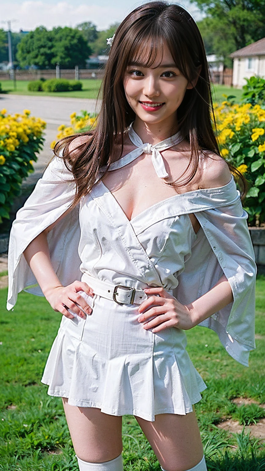 (8K、RAW Photos、Highest quality、masterpiece:1.2)、(Realistic、Realistic)、1 Girl、((mini skirt、white、Thin legs、whole body、boots、Clothes with ribbons、Cape、Anime Costumes、Chest ribbon、Off the shoulder、See-through、Frills、garden、smile、View from the front、Ribbon on chest、Looking into the camera、belt、Stand with hands on hips))、