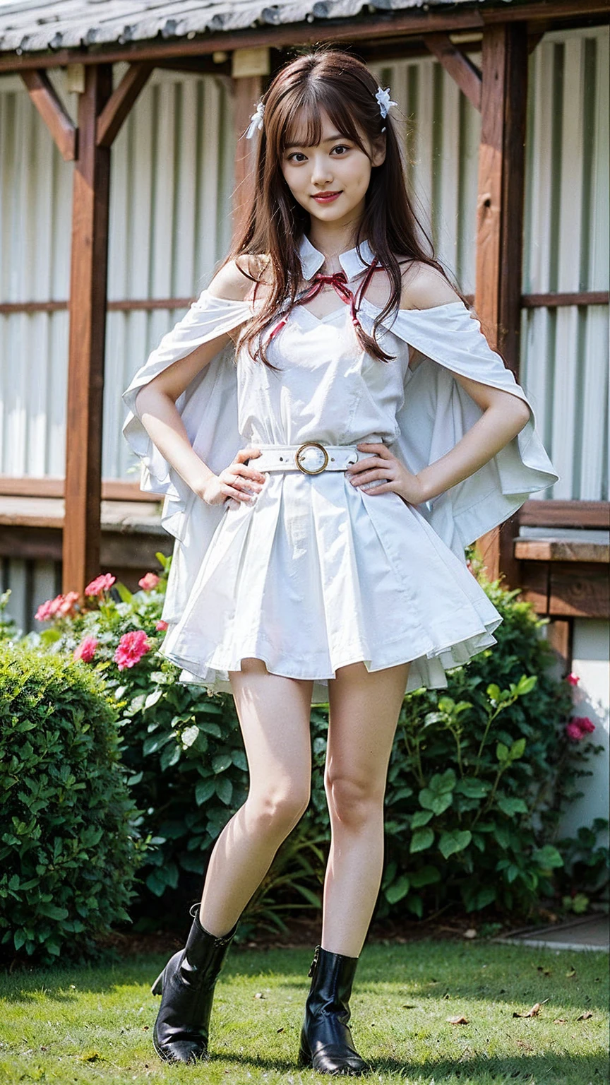 (8K、RAW Photos、Highest quality、masterpiece:1.2)、(Realistic、Realistic)、1 Girl、((mini skirt、white、Thin legs、whole body、boots、Clothes with ribbons、Cape、Anime Costumes、Chest ribbon、Off the shoulder、See-through、Frills、garden、smile、View from the front、Ribbon on chest、Looking into the camera、belt、Stand with hands on hips))、