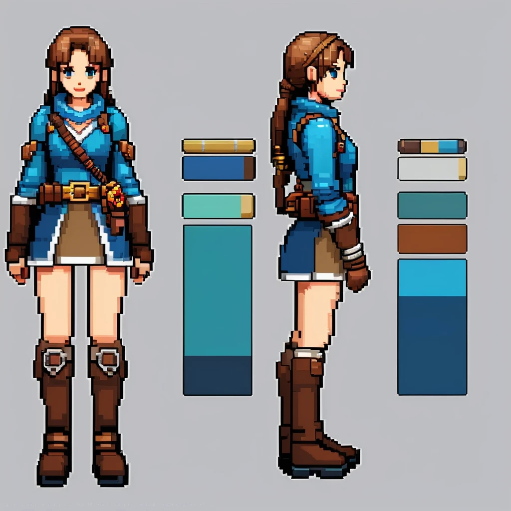 Pixel Art，Pixel Art，Create an original character design sheet，The protagonist of the game，girl，Girl，Adventurer's Clothing，Long hair，Staff，travelling poet，（（3 Views，whole body，background，multiple views，high resolution）），multiple views，Multiple poses，initiative，Action poses，dynamic，pretty，cute，masterpiece，Highest quality，detail，grace，role play，comedy，Multiple roles，A variety of clothing，Final Fantasy，Bold，