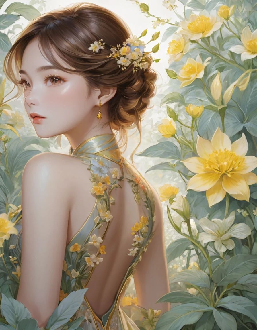 A painting of a woman in a dress surrounded by flowers, Beautiful digital artwork, Beautiful character drawings, Exquisite digital illustrations, Beautiful artwork illustration, Elegant digital painting, Jinnah Chan, beautiful Amazing digital art, Beautiful digital art, Li Song, Jan J, Chen Lin, Yanjun Chent, Amazing digital art, Beautiful digital painting, Beautiful digital illustrations
