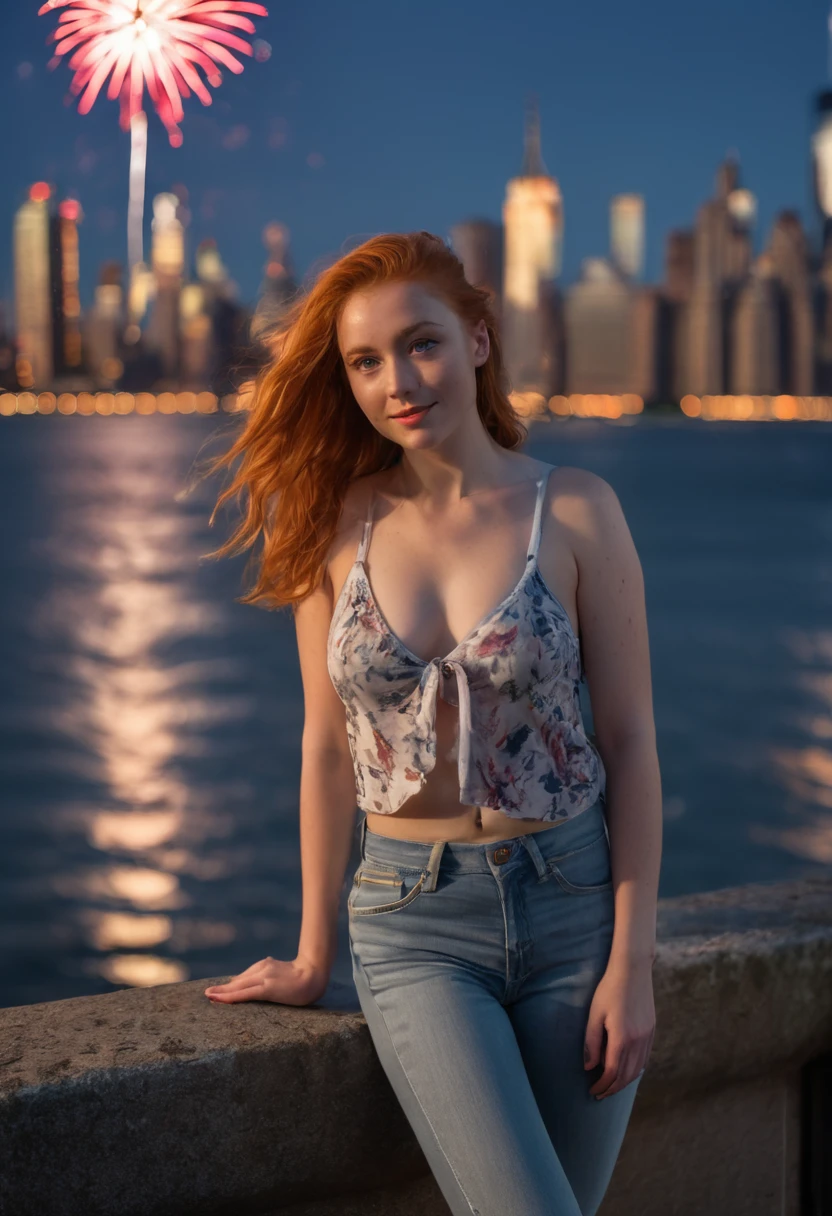 irish ginger 20 year old woman, red hair, ginger hair, redheaded woman, full body shot, standing watching the 4th of July fireworks on the Hudson river in New York Citi, wearing a bikini with the USA colors, long wavy redhair, toned, portrait sophie mudd, ballet style pose, athletic fashion photography, working out, full body shot, full body (picture taken from far) Regarder le spectateur (Tout de suite, messy, with hair tied back, evening lights, full body shot, detailed environment, facing viewer, sourire, seductive smile, bouche ouverte, langue, Langue sortie, gouttes de liquide sur le visage, peau, poitrine (8k, Photo brute, Highest quality),(epic realistic:1.5), posture dynamique, erotic face (detailled eyes:0.8), (Highest quality), (meilleure ombre),Intricate details,cinematic,((peau:1.4)),interior (Hdr:1.5),Detailed, (glowing lighting: 0.7), Masterpiece, Photo RAW portrait en pied, Des yeux captivants, Bright details, Tight lips, (High Skin Detail), (teinte: 0.25), (vente: 0.66), Key lighting, (backlight: 0.4), Profondeur de champ moyenne, Canon 5d, Objectif 50mm, f/4 ouvertures, (Ultra-detailed, Complex detail), mise au point nette, 4K, Absurde, Grain de film 8mm, flirting with camera, model body, big breasts, C-cup breasts, smiling, looking directly at camera, natural lights, detailed environment