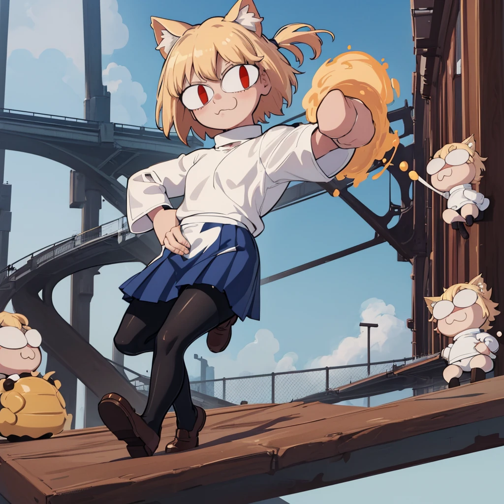 (masterpiece, best quality:1.2), necoarc, slit pupils, cat ears, blonde hair, red eyes, chibi, 1boy, solo, white turtleneck, blue skirt, pleated skirt, brown footwear, pantyhose, outdoors, pov, highlight thighs, (dynamic poses)