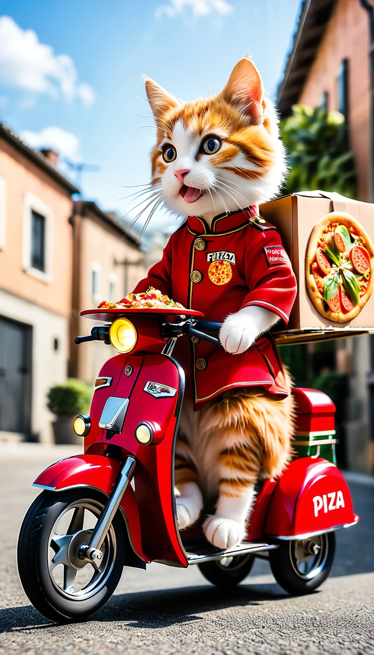 A cat wearing a PIZZA-LA uniform delivers pizza on a tricycle