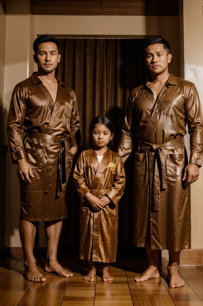 a 35 year old man wearing a brown shirt, a 28 year old girl wearing a brown batik robe, a 6 year old boy wearing a brown shirt and a 1 year old girl wearing a brown batik robe, Stand parallel to the in front
